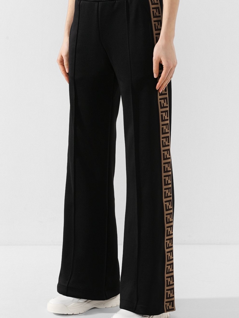 Fendi Black Wide-Leg Pants with Brown FF Logo Side Tape